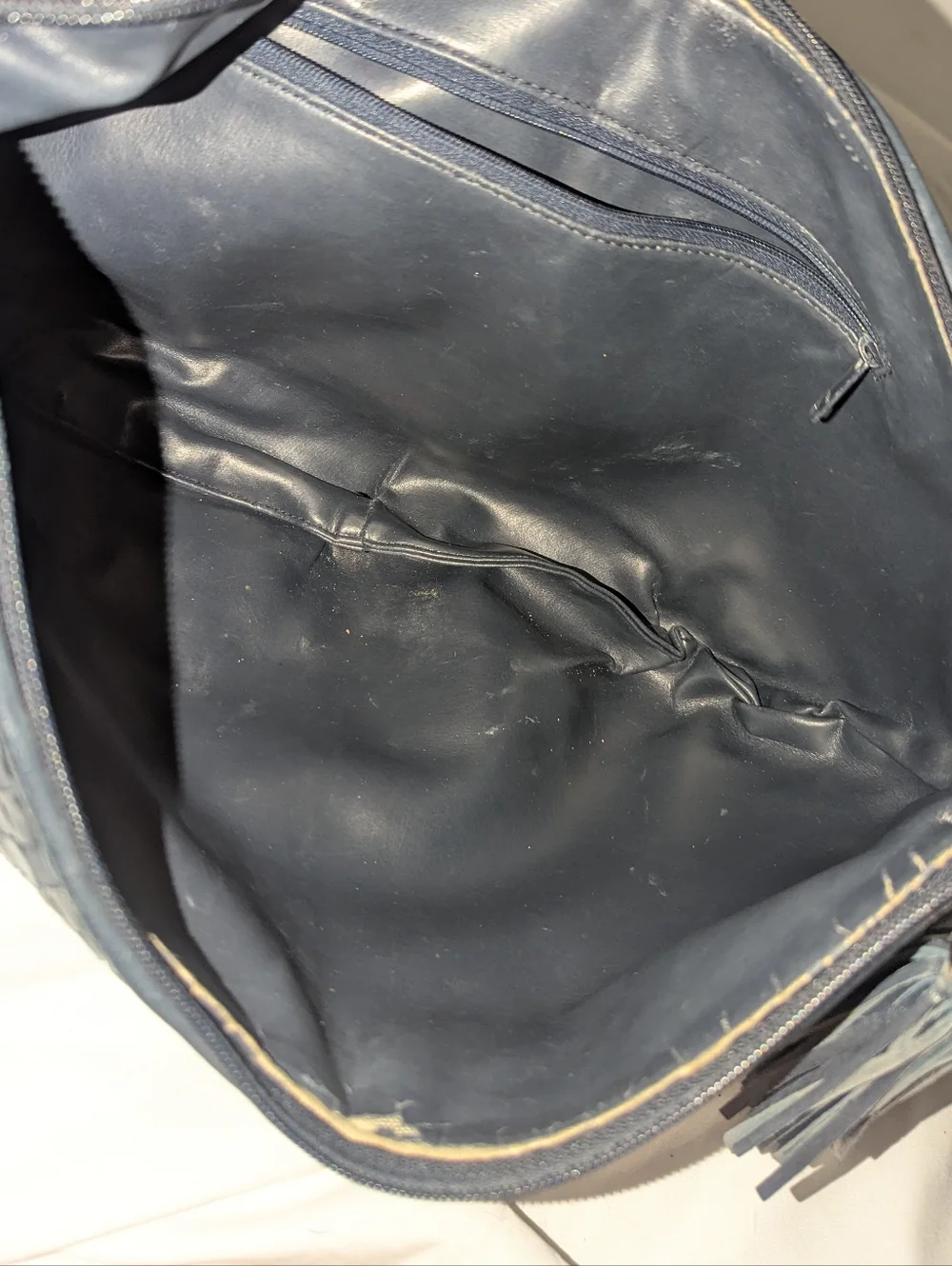Vintage Woven Leather Hobo Bag In Navy Blue. Made In Korea